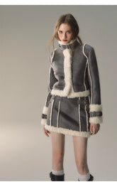 Grey Short Plush Shearling Jacket & Skirt Set - CHINASQUAD