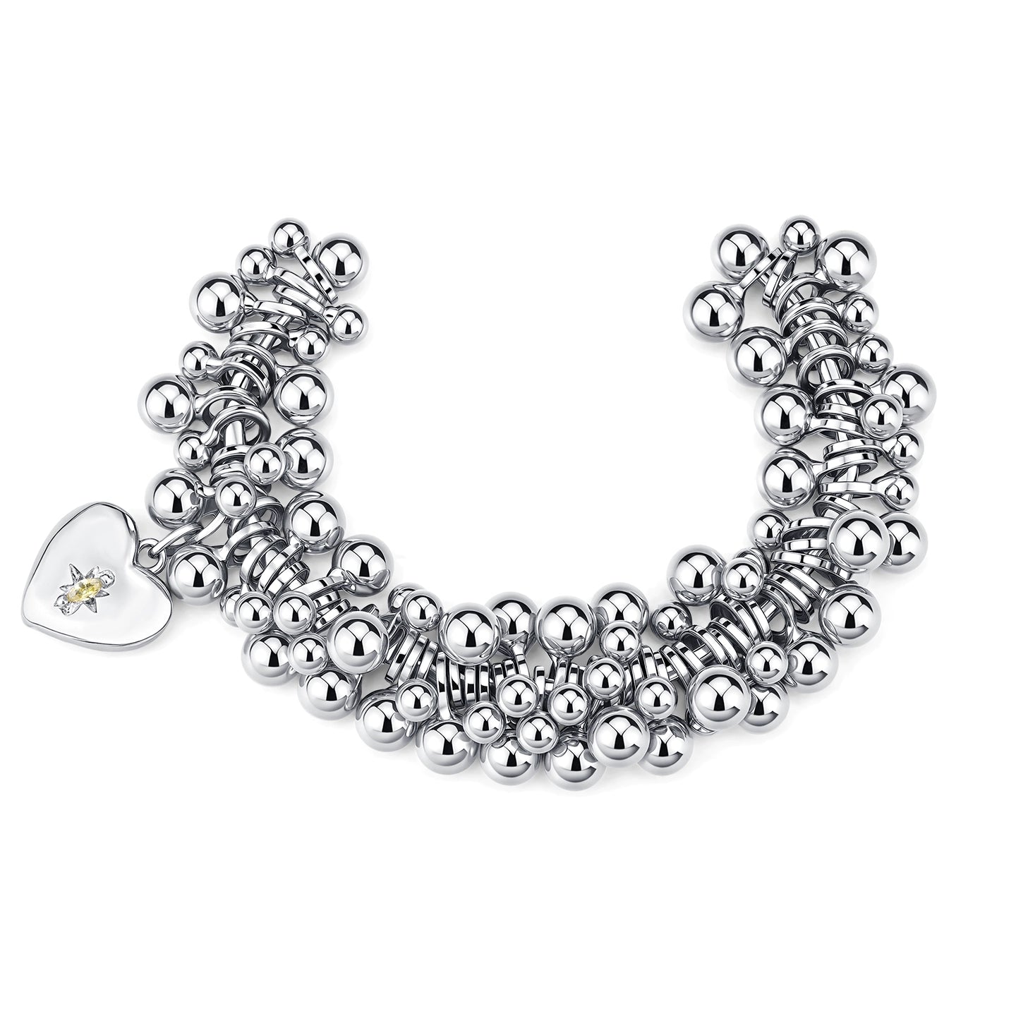Silver-Tone Heart Charm Beaded Bracelet