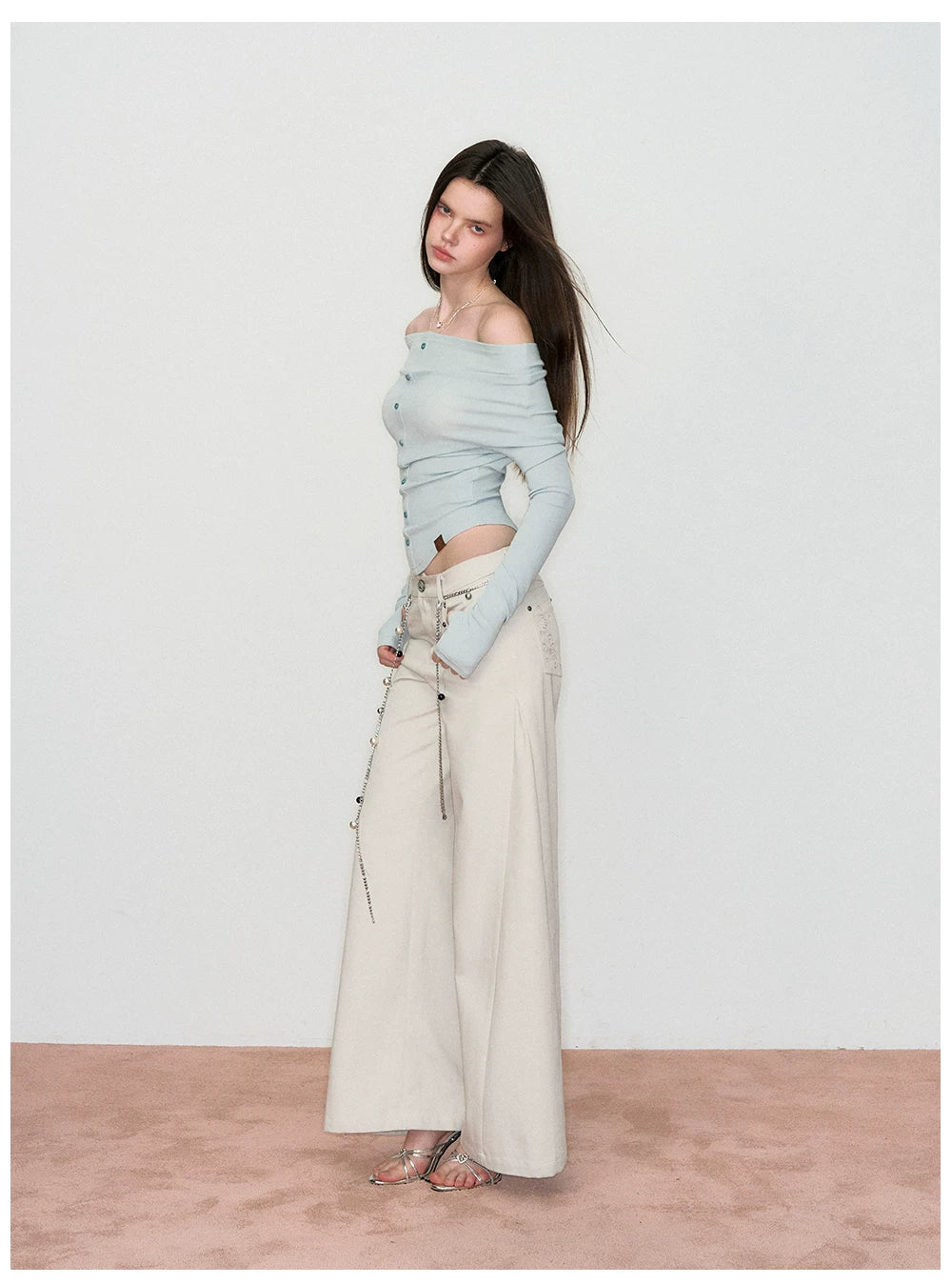 Off-Shoulder Long-Sleeve Knit T-Shirt