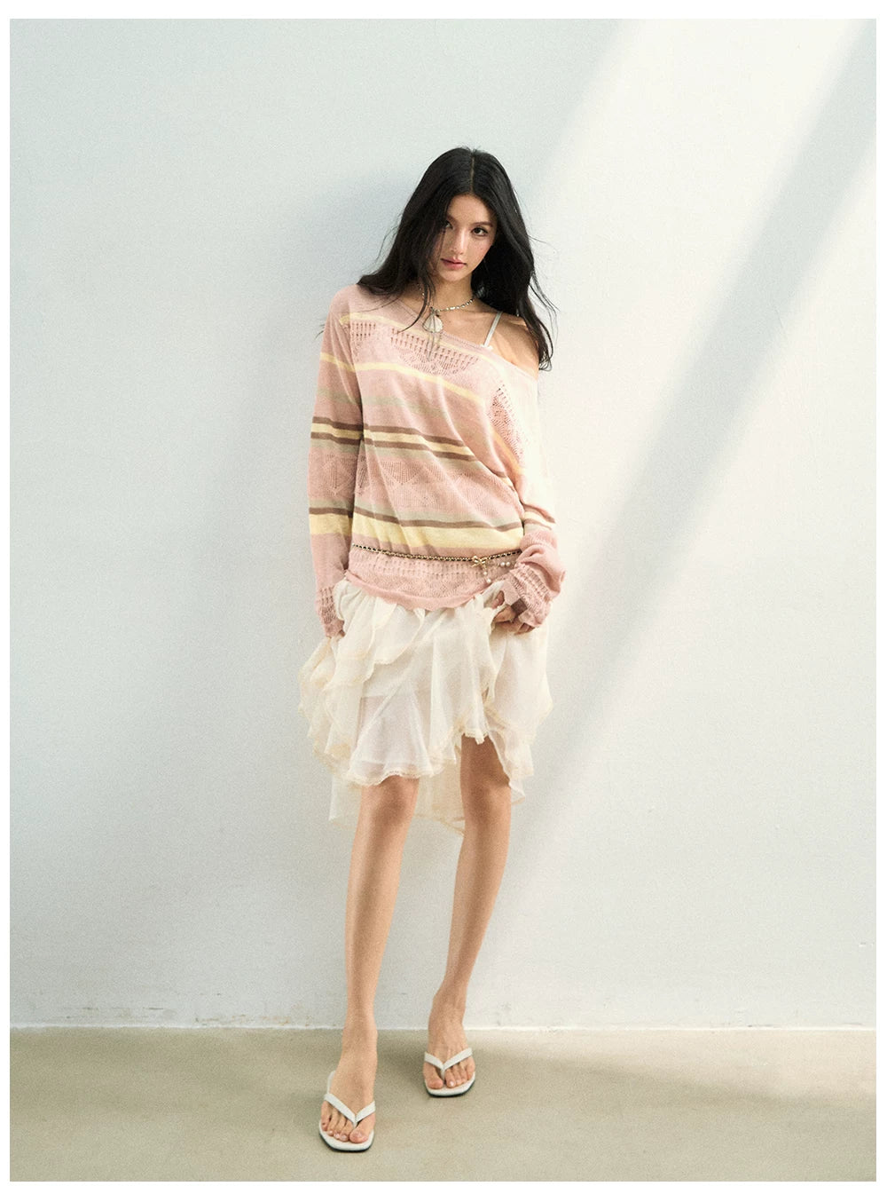 Color-Block Open Knit Stripe Blouse