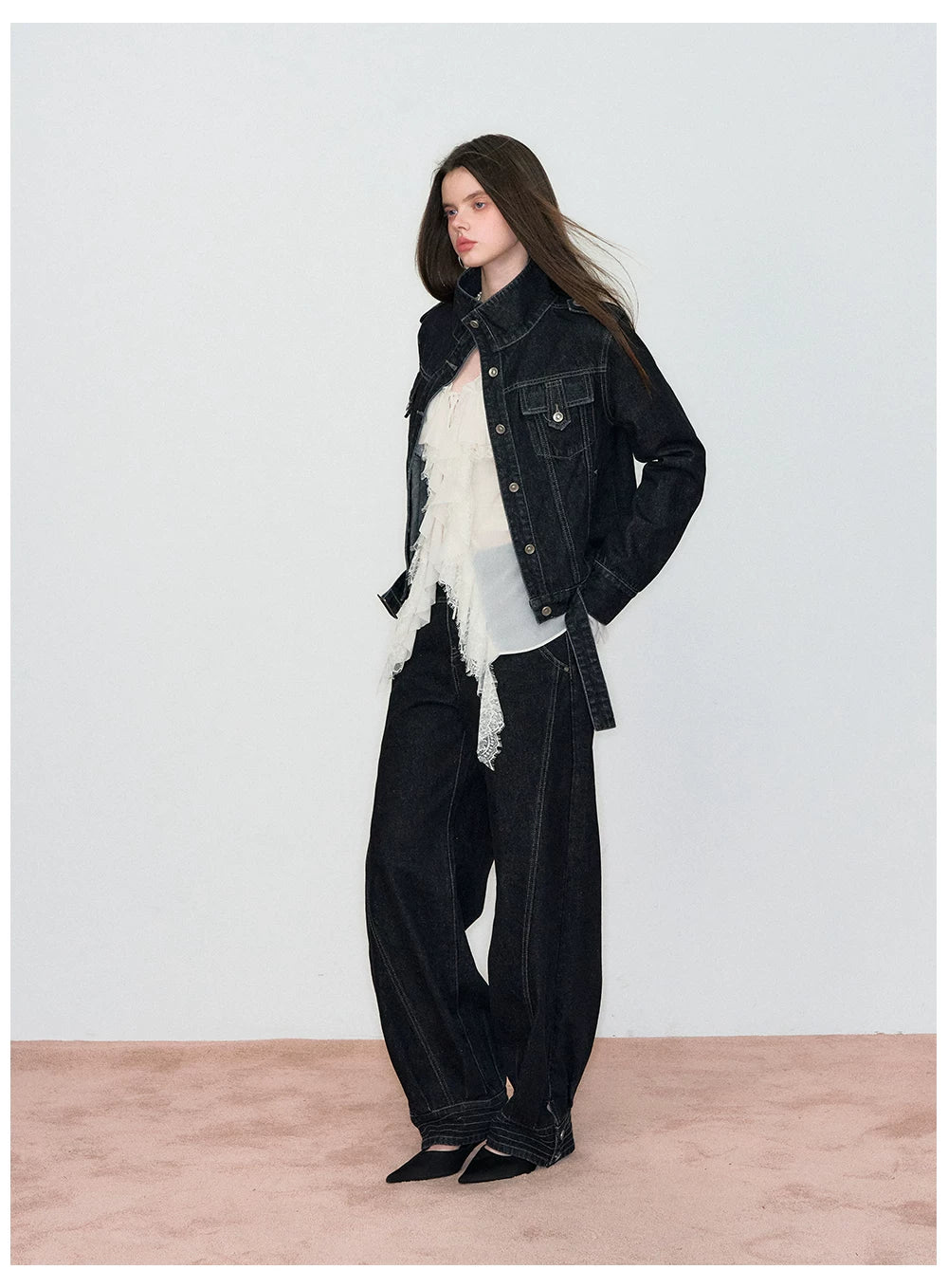 Sheer Lace-Trim Tie Blouse