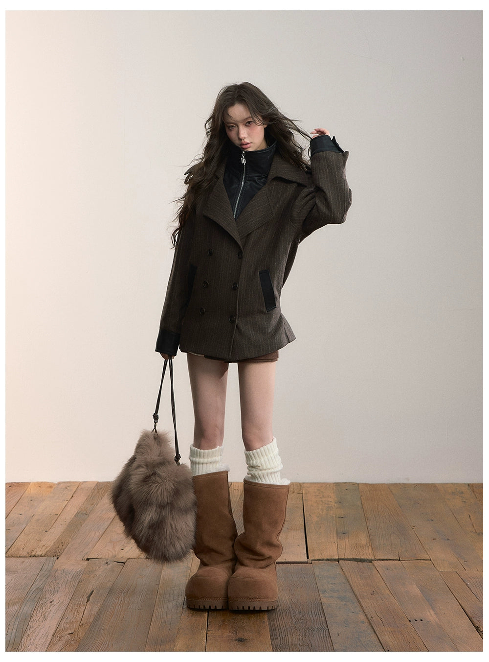 Contrast Faux-Layer Double-Breasted Wool-Blend Jacket