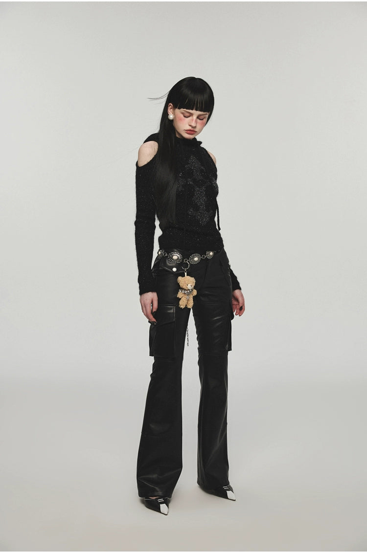 Mohair Off-Shoulder Knit Hoodie - CHINASQUAD