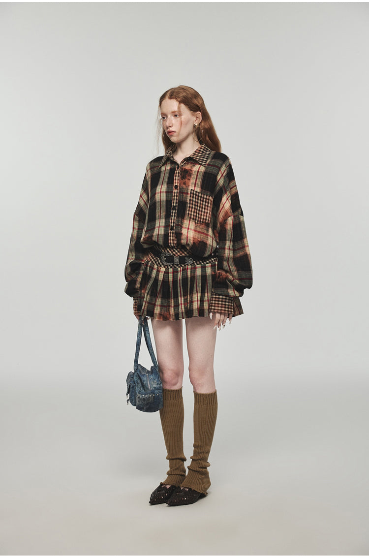 Tie-dye Plaid Shirt & Mini Skirt Set - CHINASQUAD
