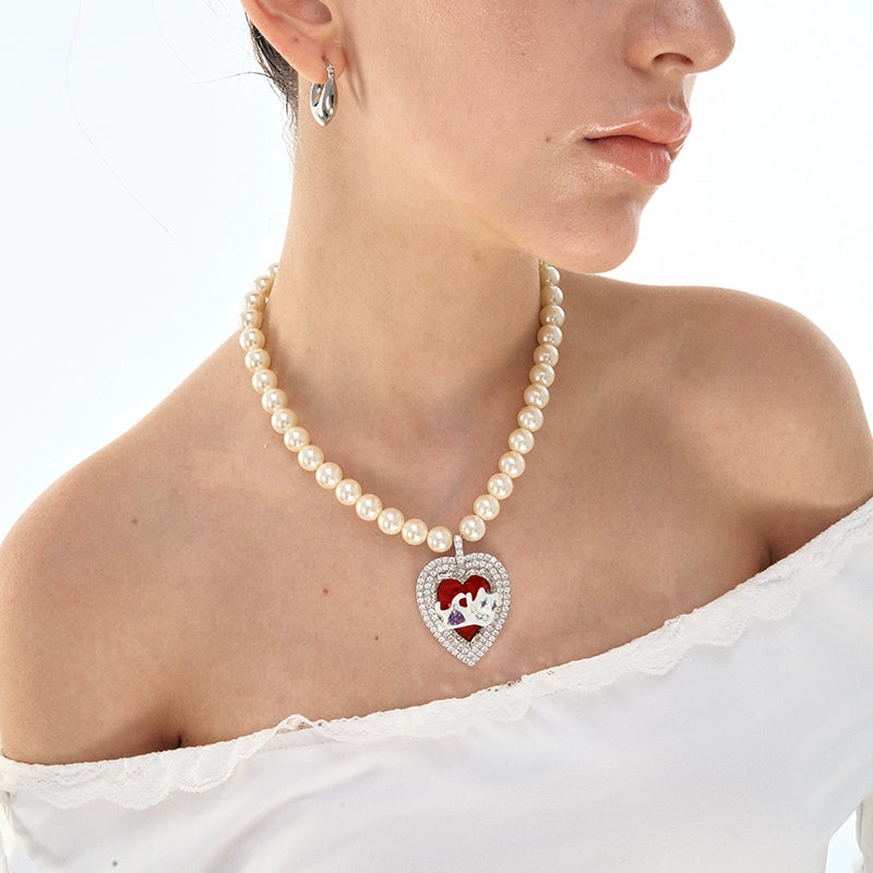 Cat Heart Enamel Pearl Necklace - CHINASQUAD