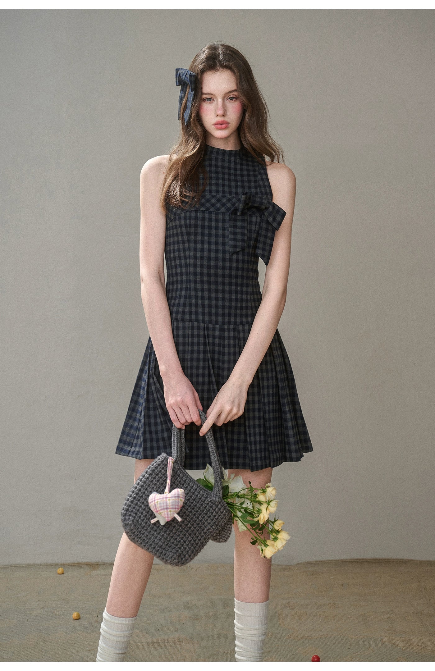 Bow Halter Checked Pleated Dress - CHINASQUAD