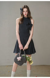 Bow Halter Checked Pleated Dress - CHINASQUAD