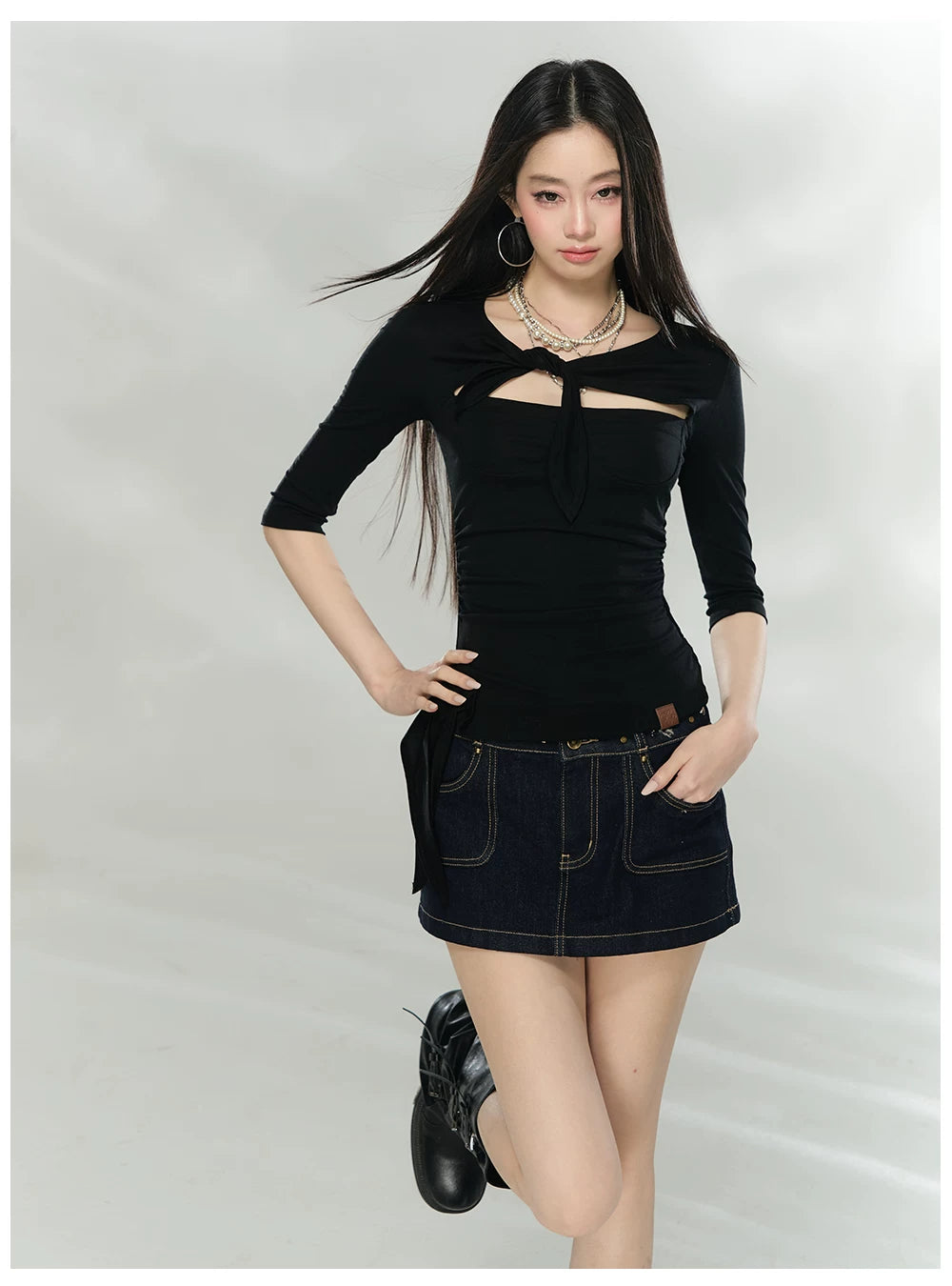 Layered Cut-Out Tie Detail Slim T-Shirt