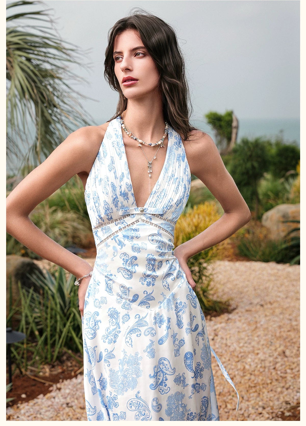 Halter V-Neck Cut-Out Printed Maxi Dress