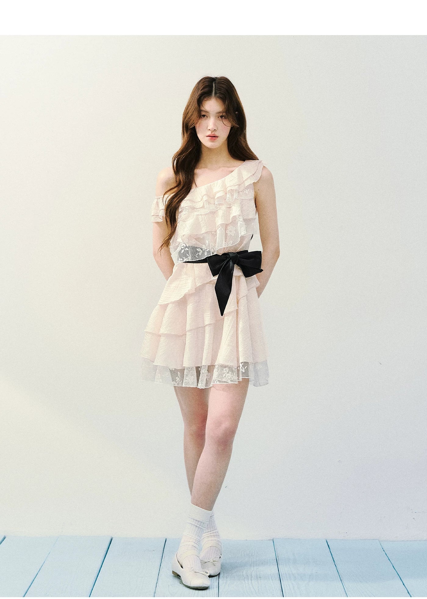 Asymmetric Lace Tiered Ruffle Dress
