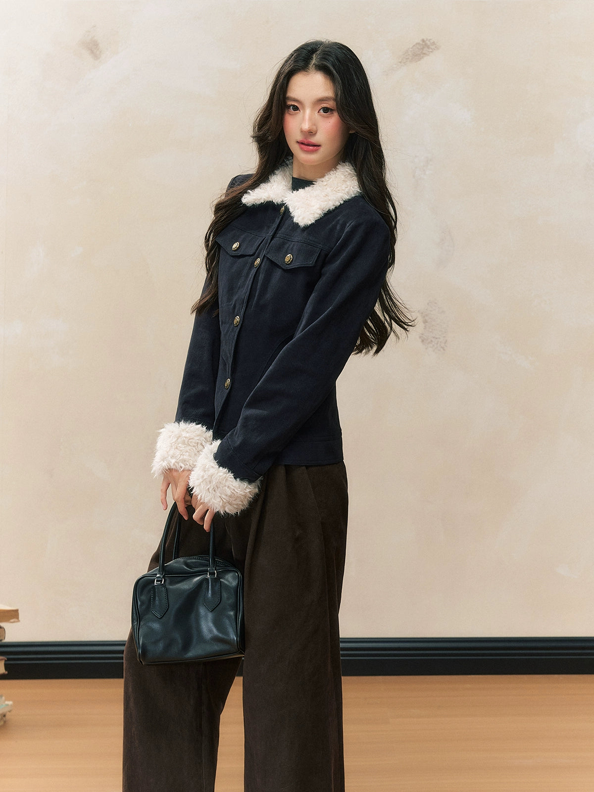 Navy Blue Fur-Collar Short Jacket - CHINASQUAD