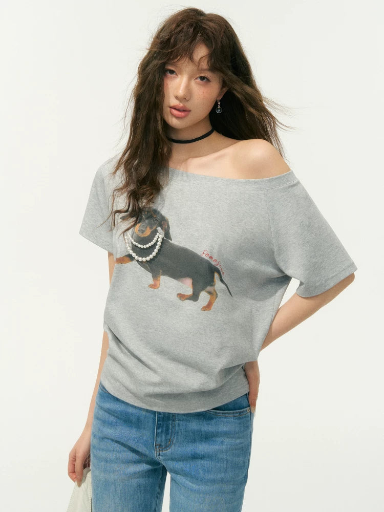 Pearl Embellished Dachshund Off-Shoulder T-Shirt