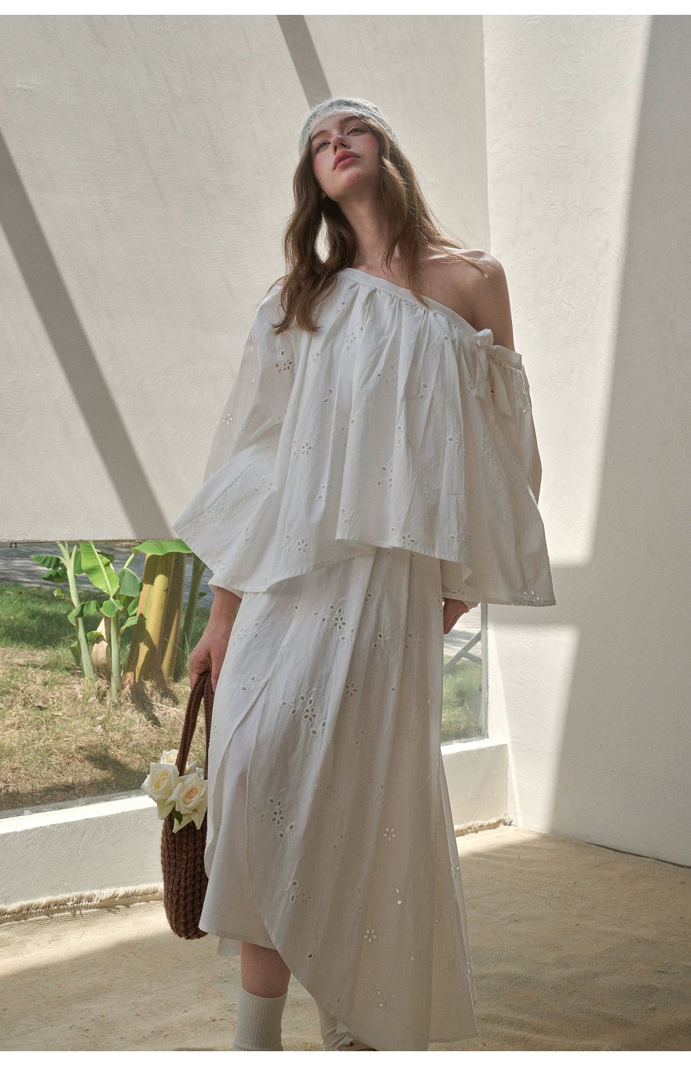 “Good Weather” Embroidered Cotton Blouse & Skirt Set