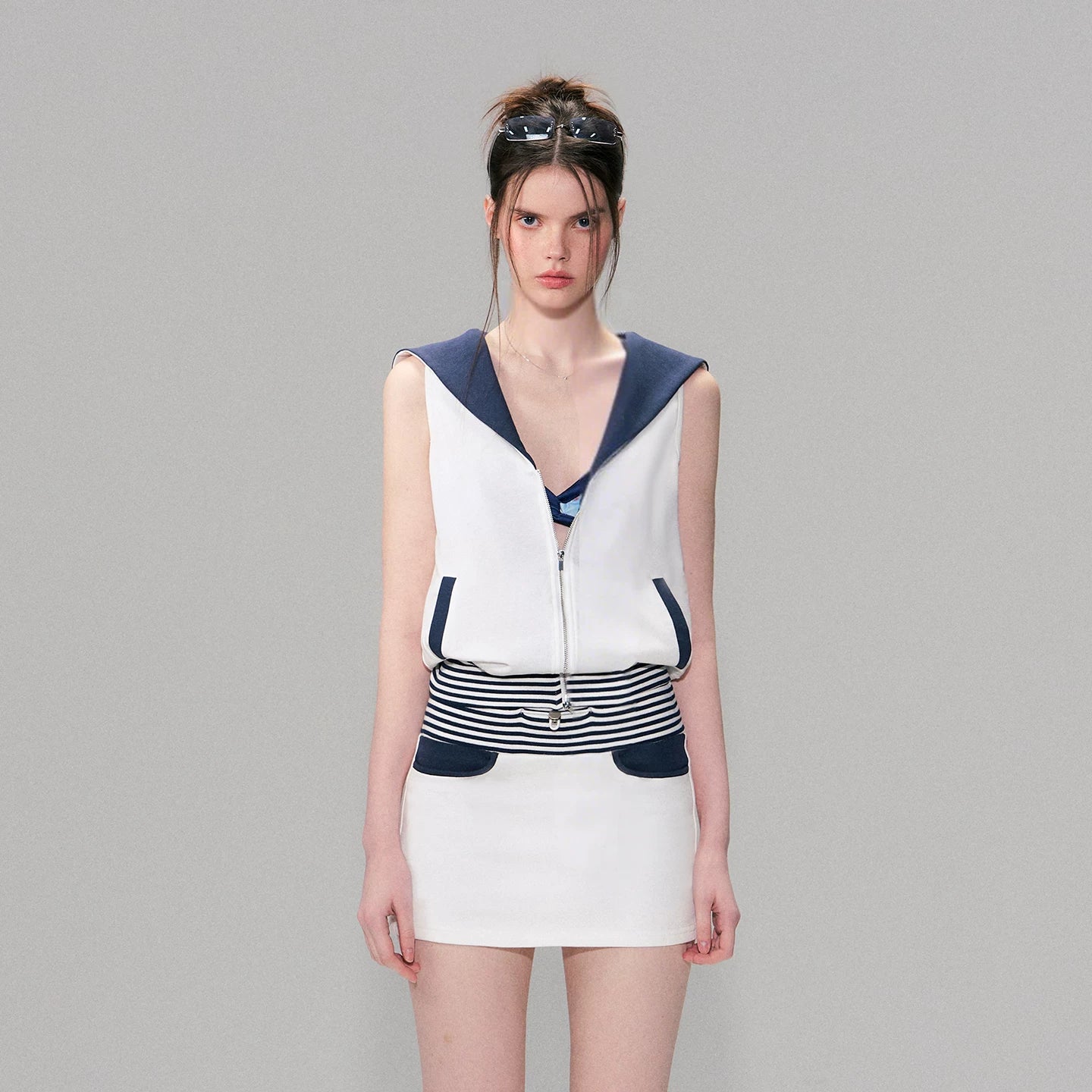 Color-Block Nautical Sailor Collar Sleeveless Top
