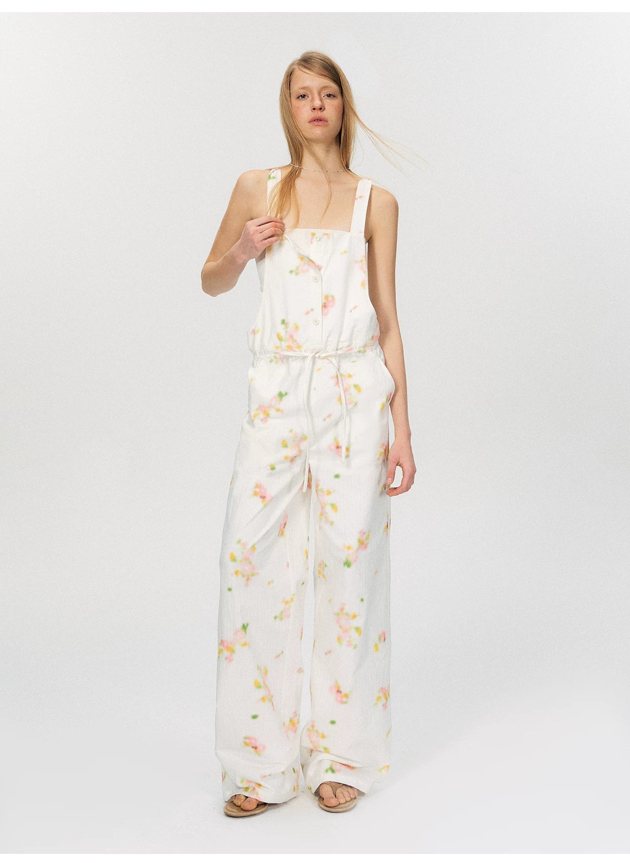 Vintage Soft-Blur Floral Backless Strap Jumpsuit