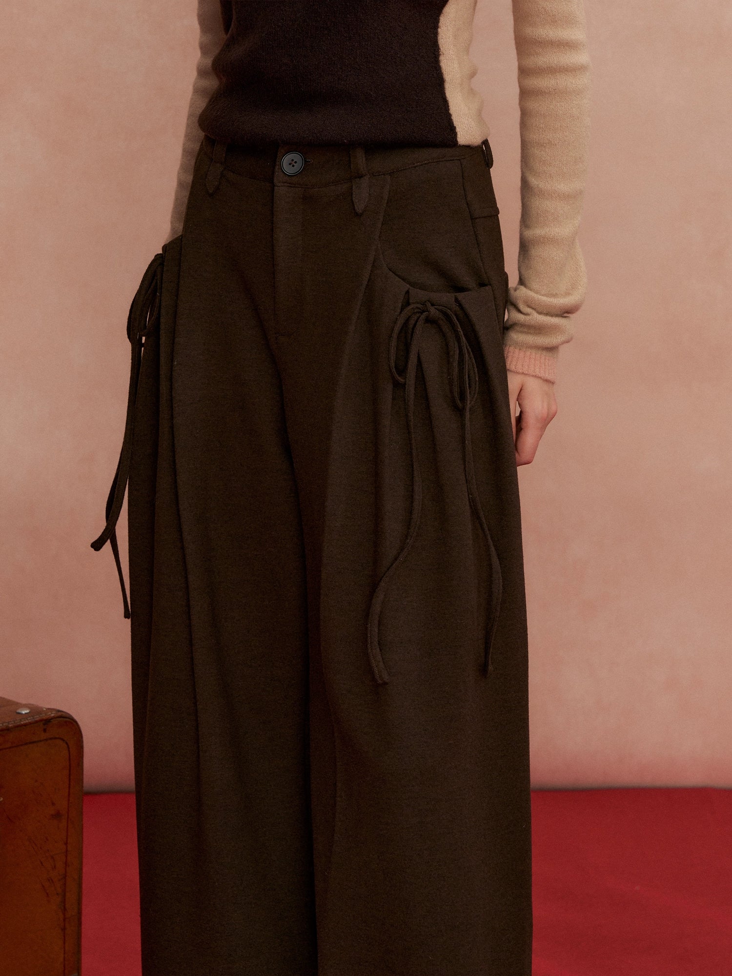 Pleated Bow Wool Blend Trousers