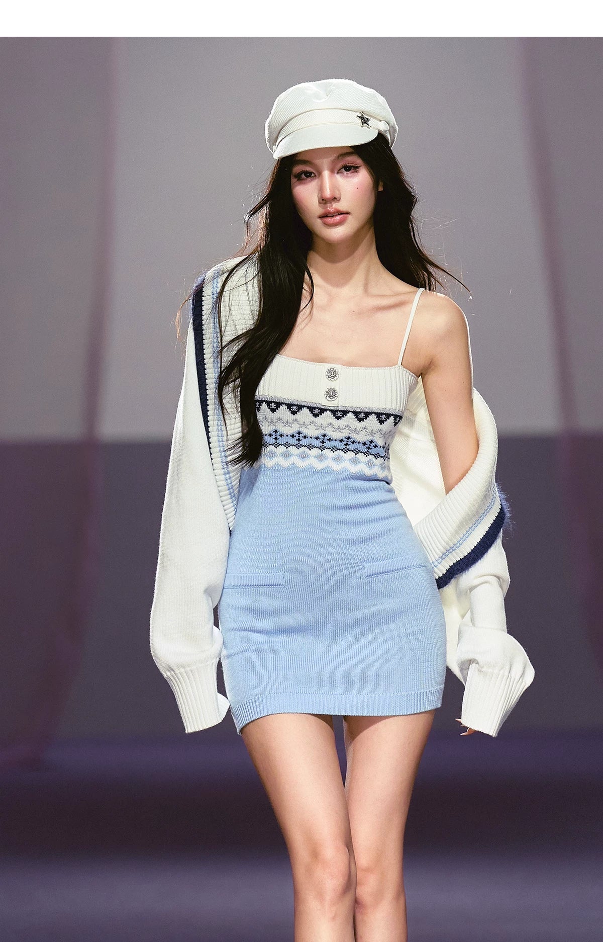 Asymmetrical Strap Top & Fair Isle Knit Cardigan Set