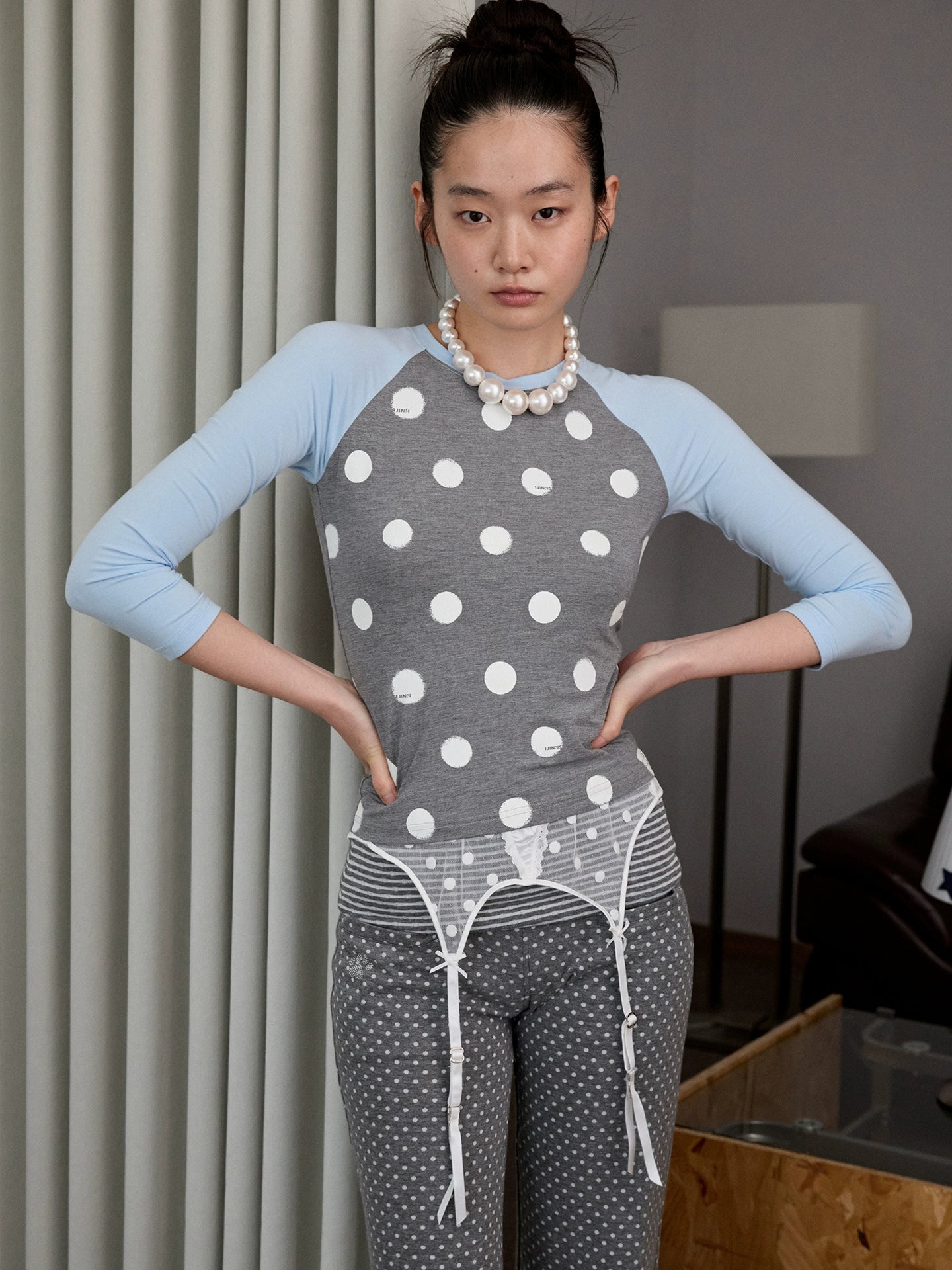 Color-Block Patchwork Polka Dot Print Raglan T-shirt