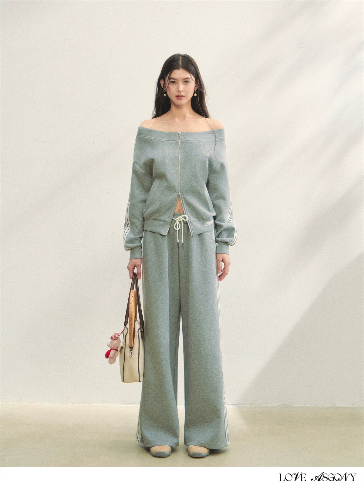 Off-Shoulder Zip-up Sweatshirt & Pants Set - CHINASQUAD