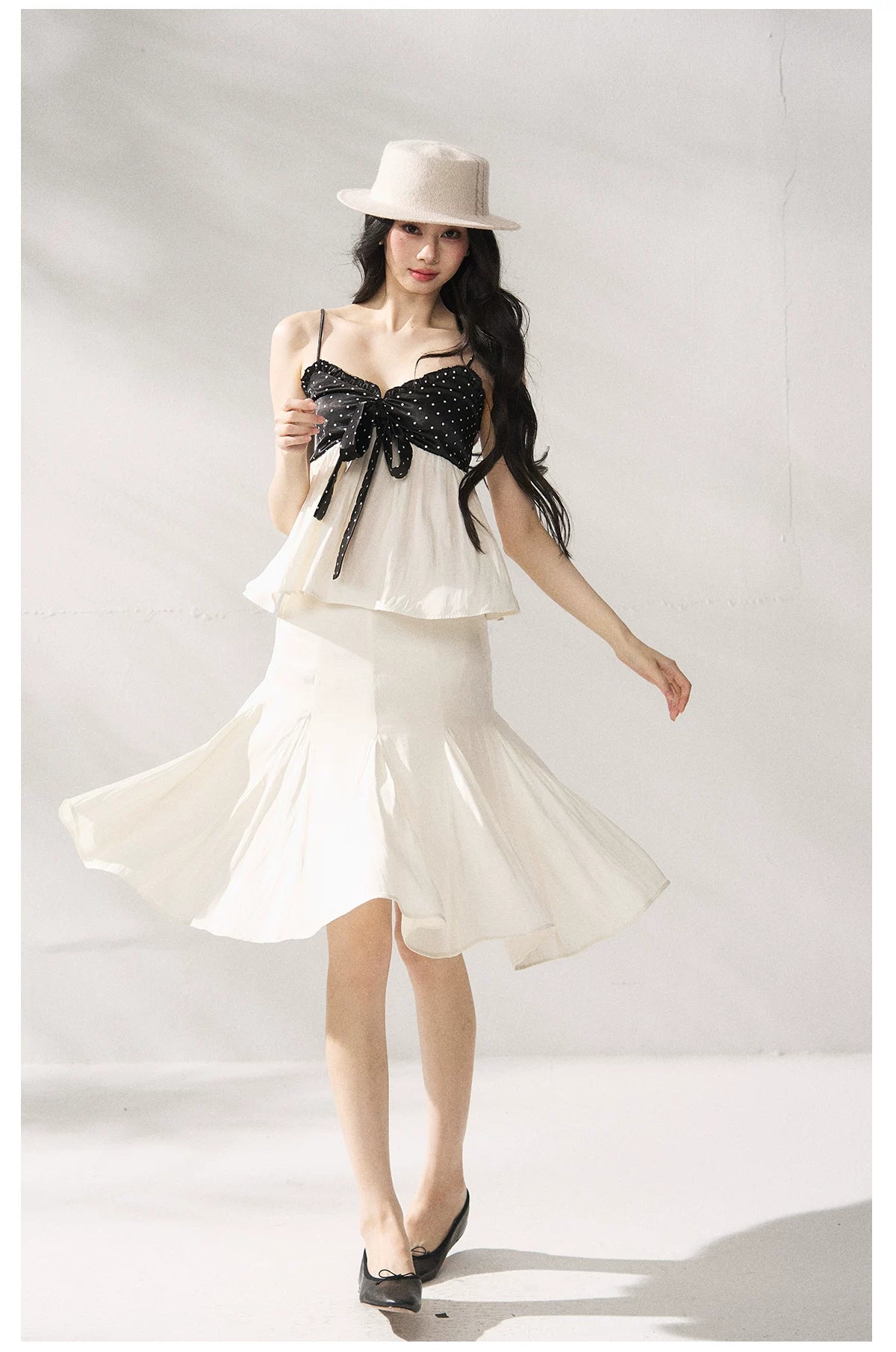Polka Dot Camisole & Bow Detail Midi Skirt Set