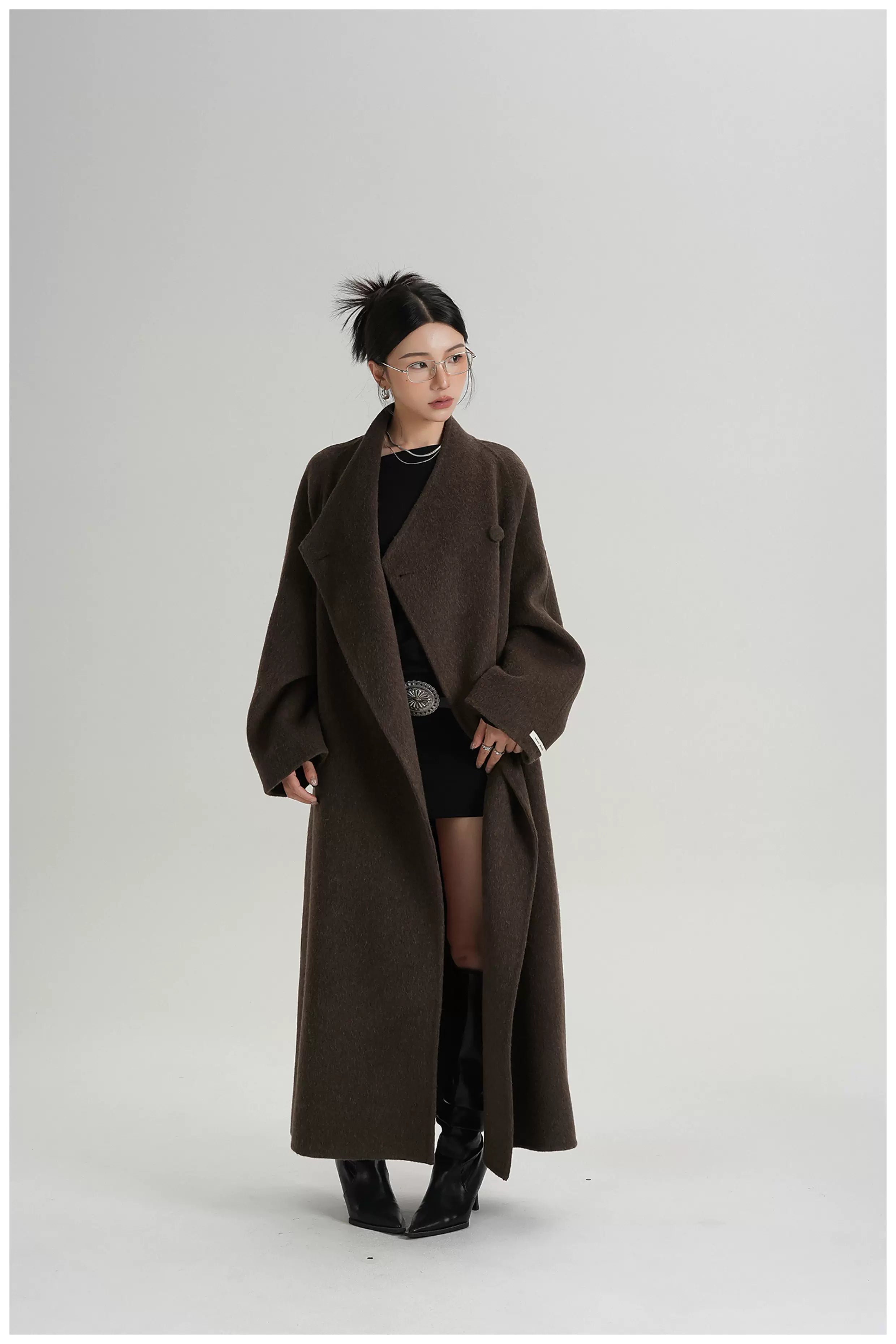 Asymmetric Button Long Wool Coat