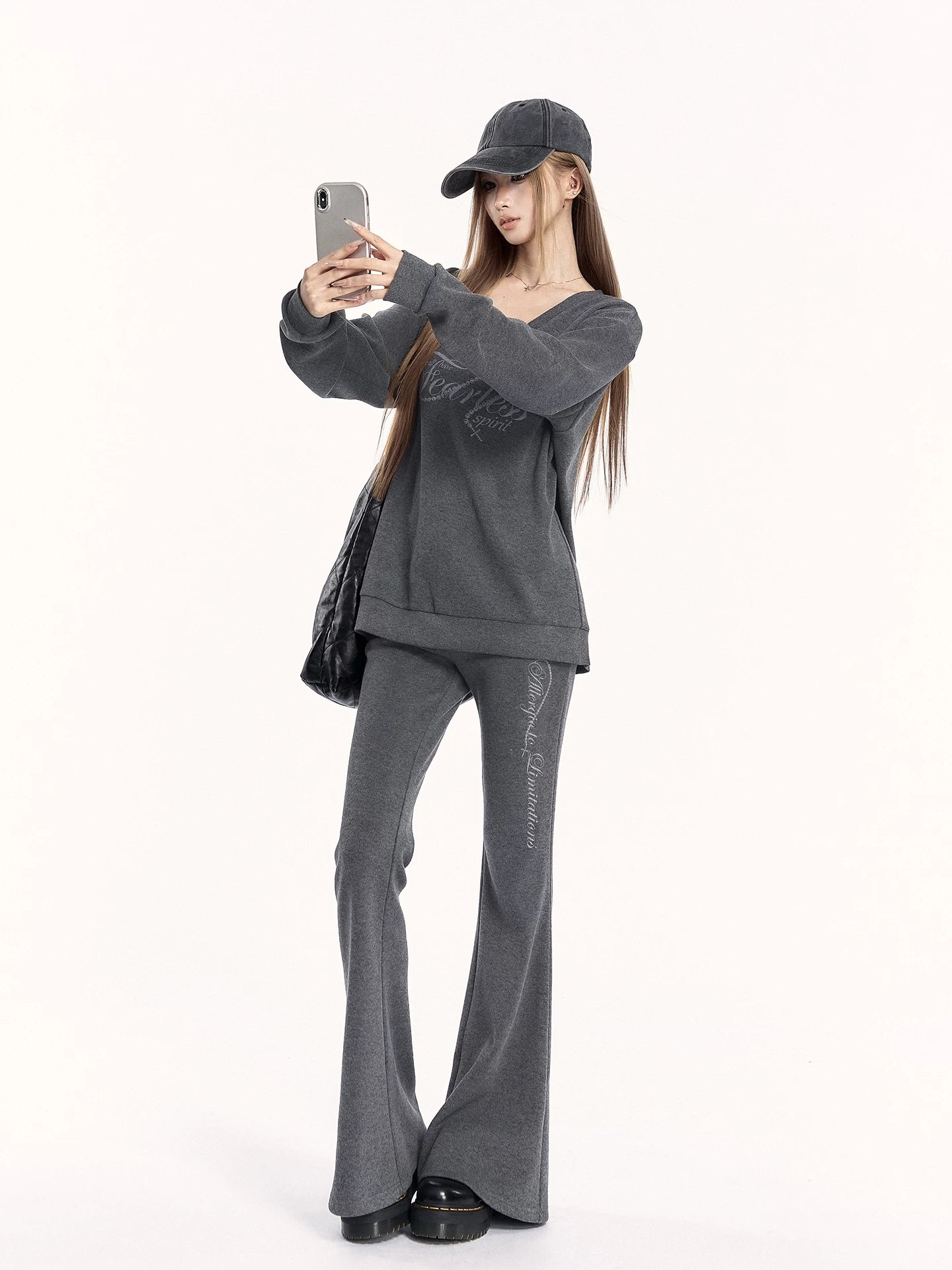 V-Neck Sweatshirt & Flared Pants Set