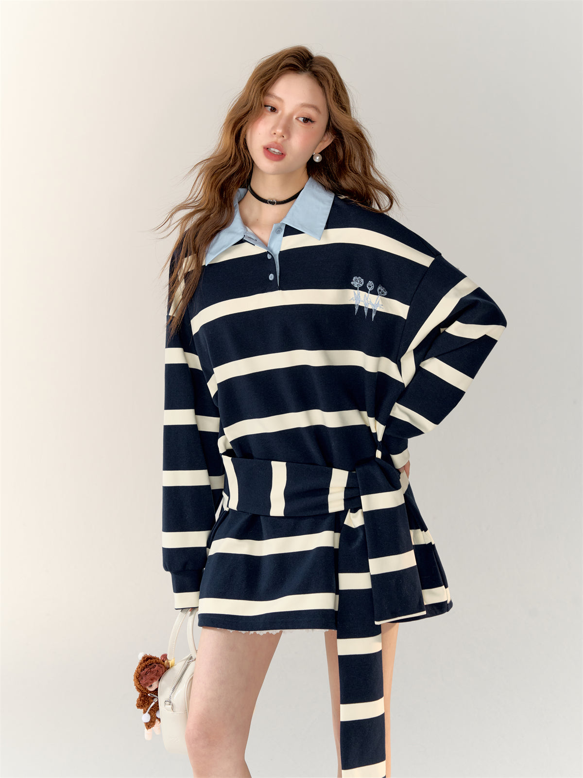 Color-block Rose Embroidery Striped Polo Dress - CHINASQUAD