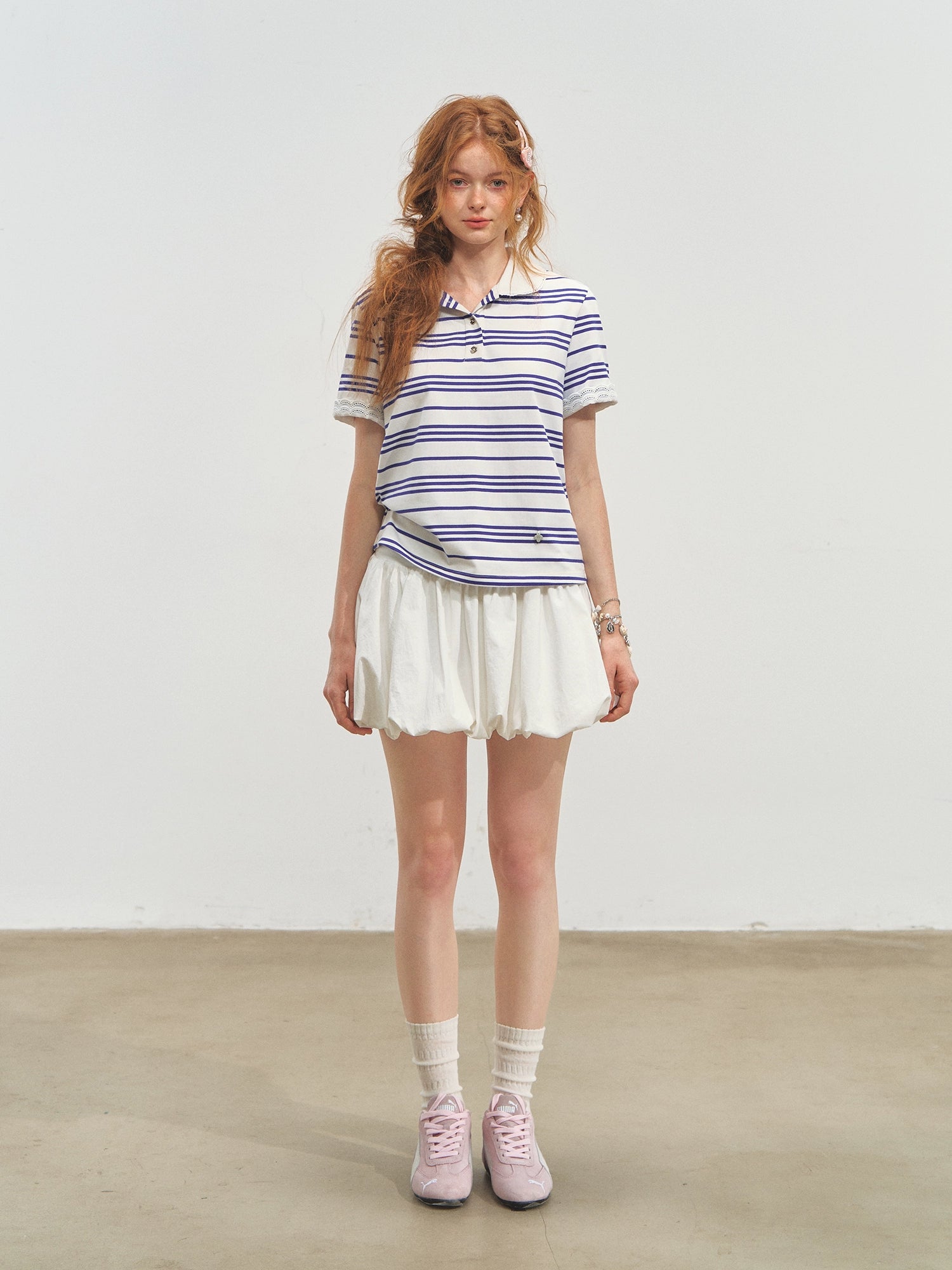 Striped Lace Short-Sleeve Polo Neck T-Shirt - CHINASQUAD