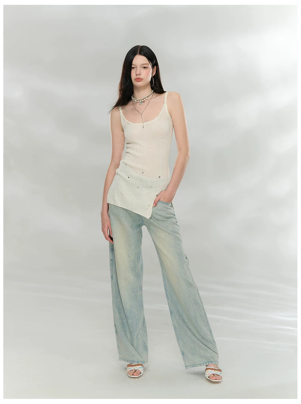 Crystal-Embellished Ribbed Knit Side-Slit Camisole Dress