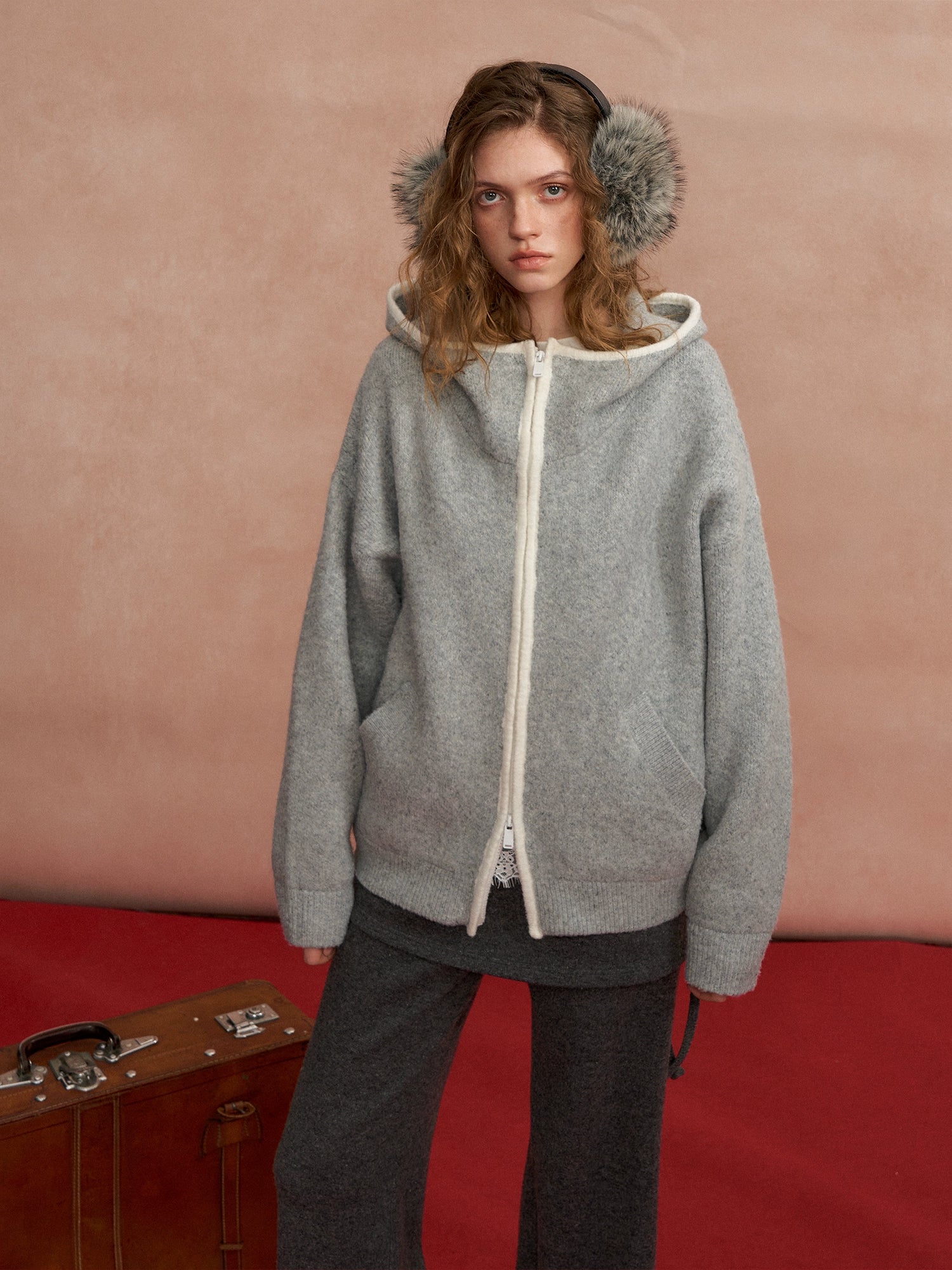 Relaxed Contrast-Trim Hooded Zip Cardigan