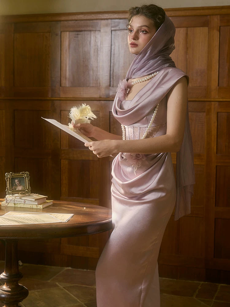 French Romantic Purple Satin Corset Dress