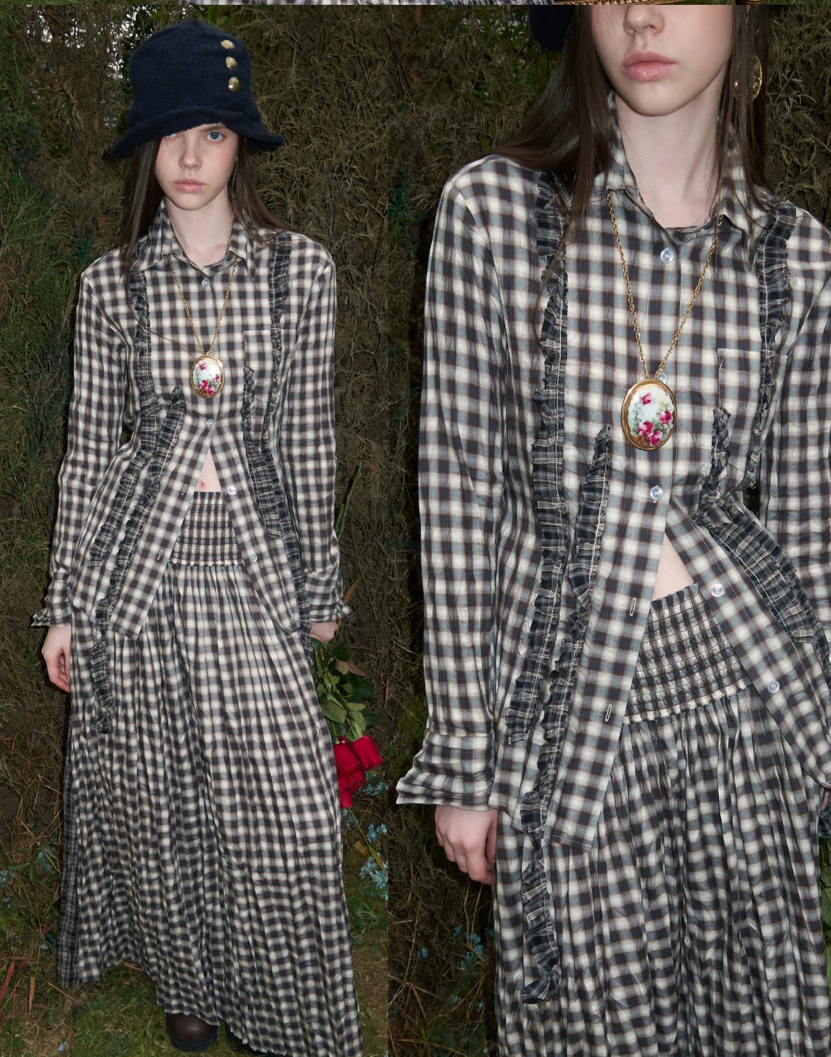 Contrast Plaid Ruffle Shirt & Long Skirt Set