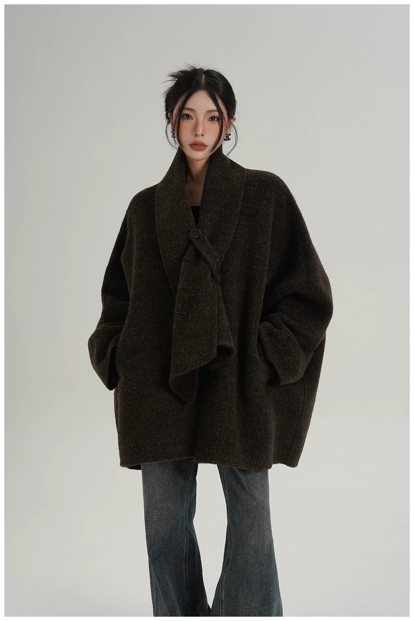 Scarf-Detail Mid-Length Wool Jacket