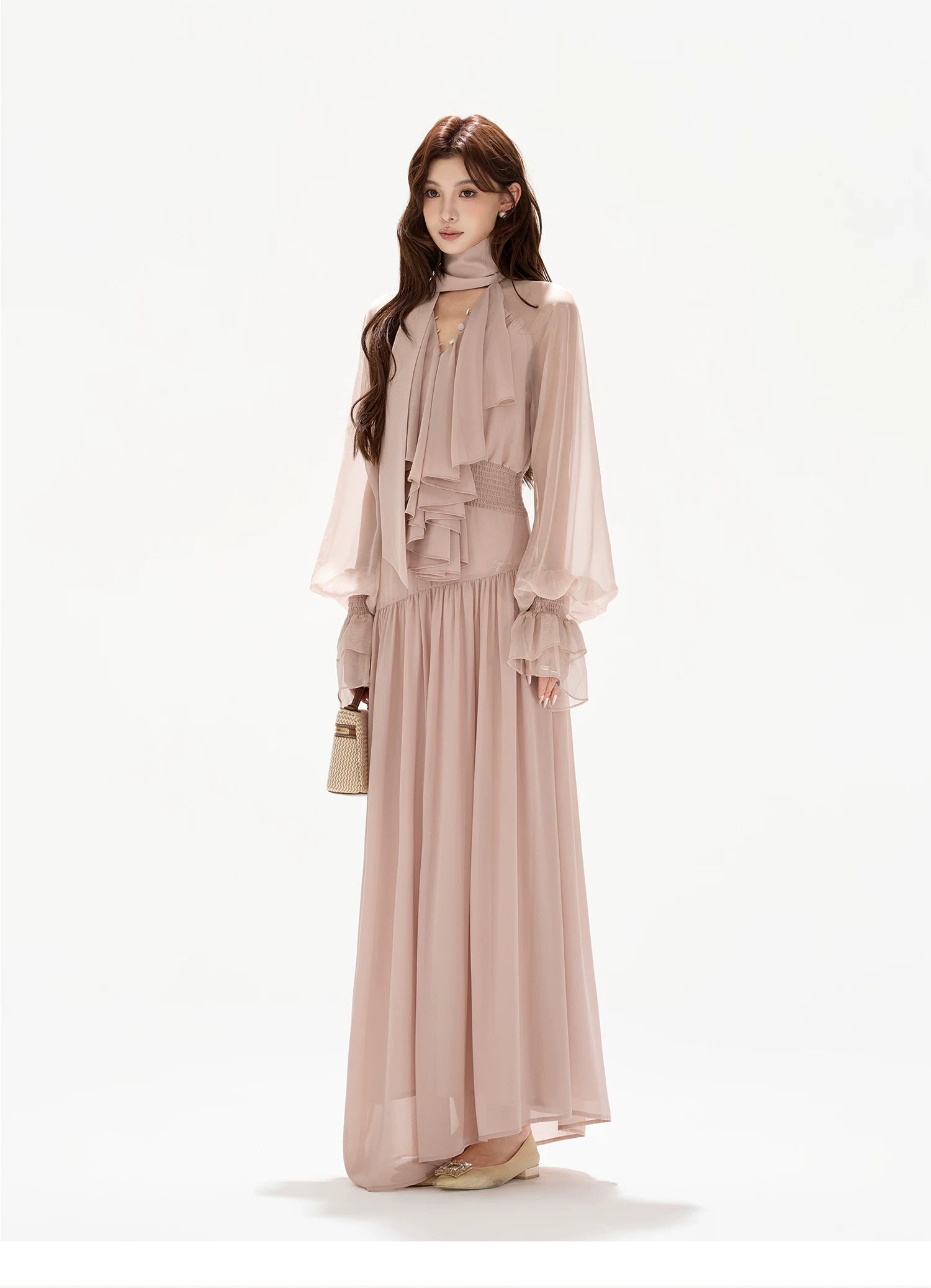 V-Neck Lantern Sleeve Maxi Dress