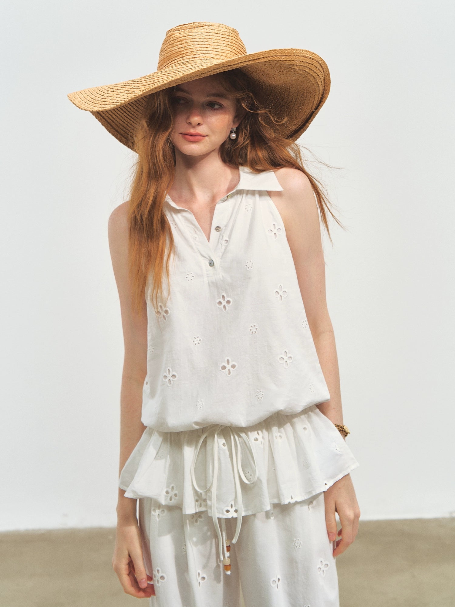 French-Style Printed Sleeveless Halter Tie-Up Top - CHINASQUAD