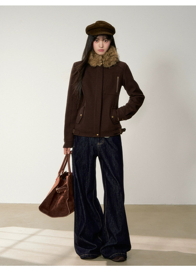 Brown Faux Fur Collar Slim Wool Jacket - CHINASQUAD