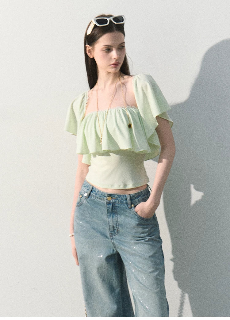 Mint Dream Shimmer Off-Shoulder T-Shirt