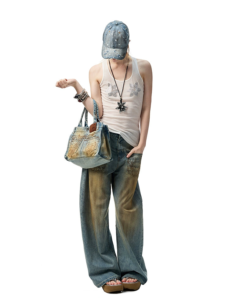 Floral Rhinestone Semi-Sheer I-shaped Tank Top - CHINASQUAD