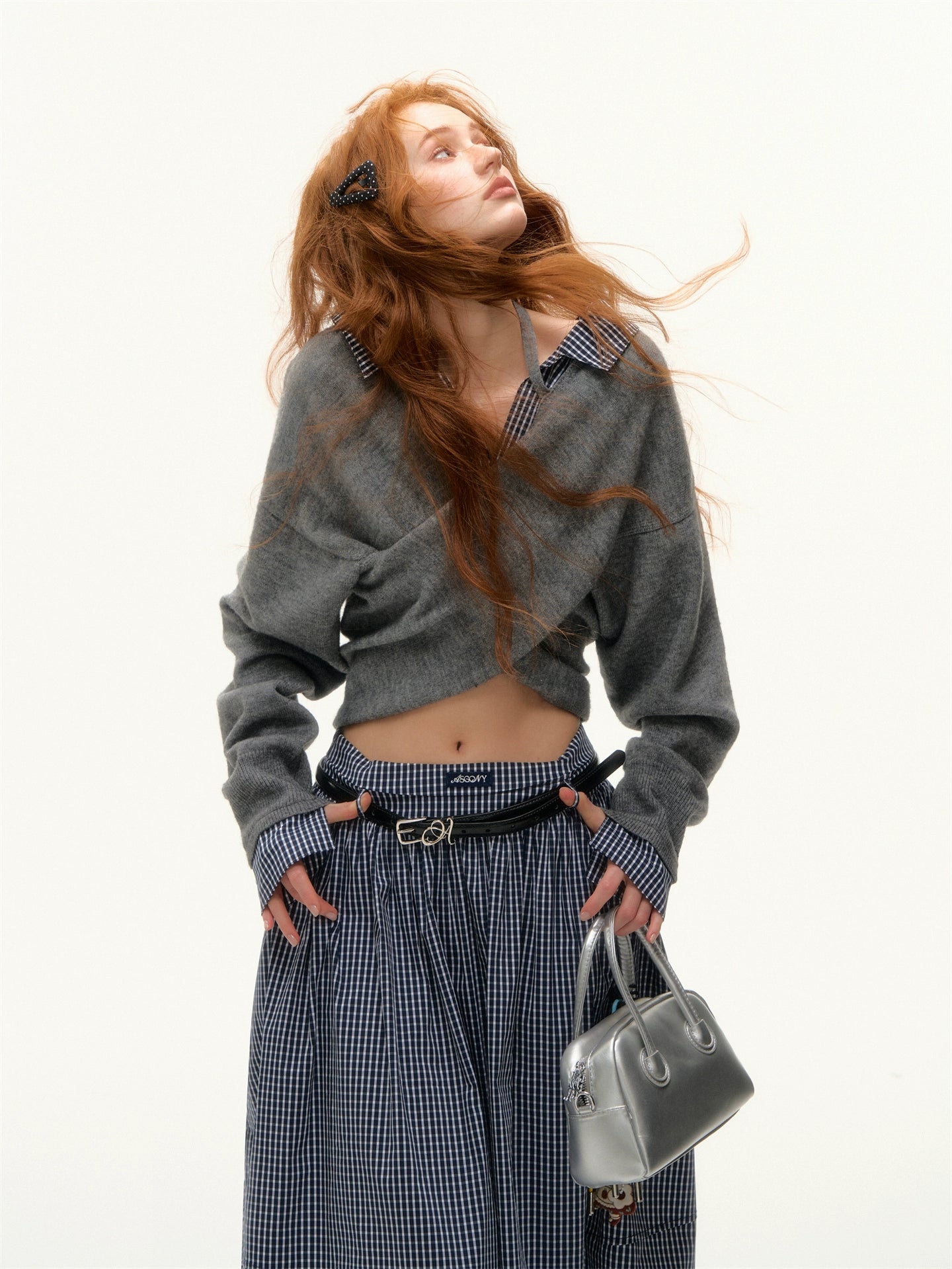 Off-Shoulder Plaid Panel Cross Sweatshirt - CHINASQUAD