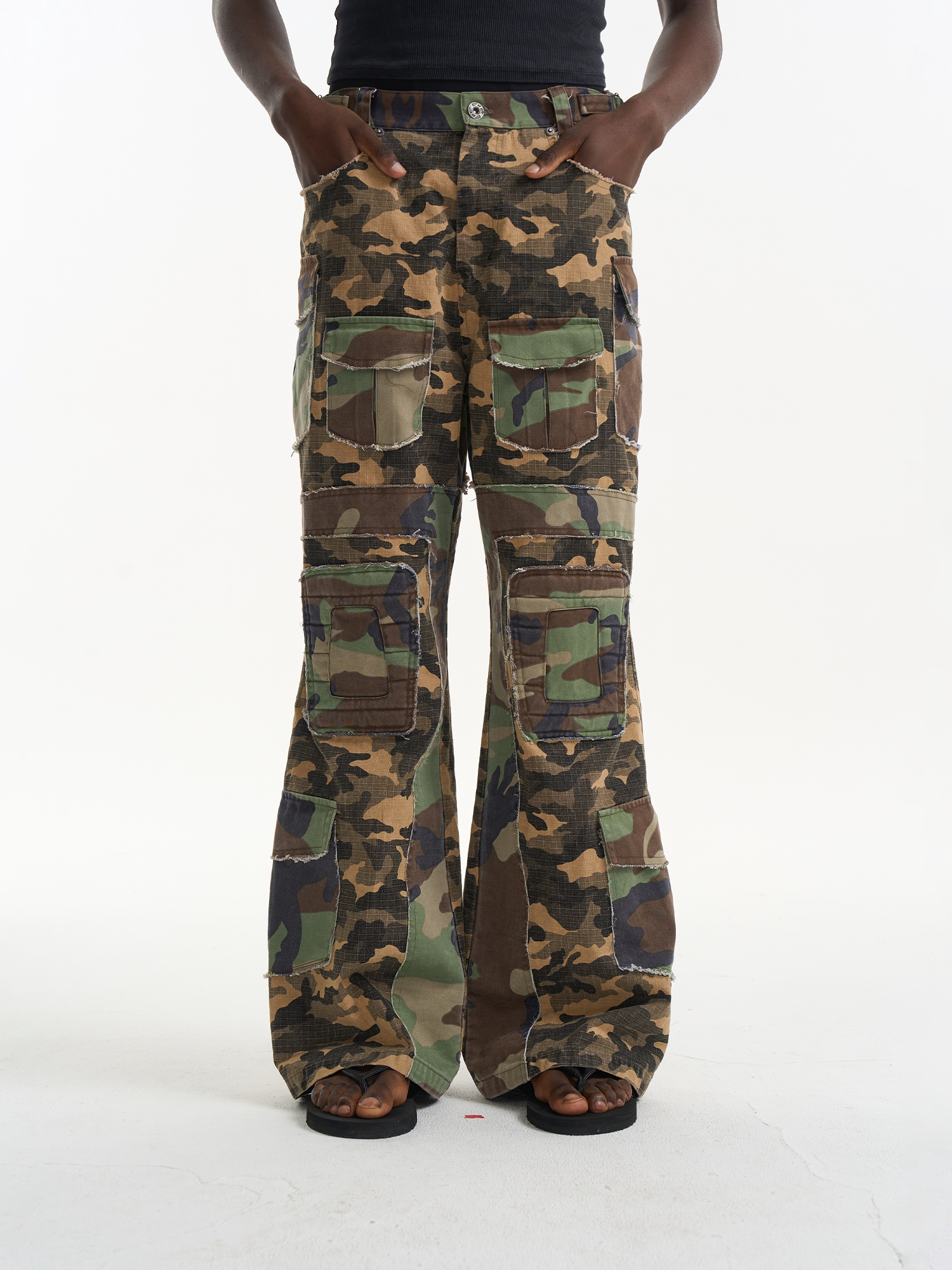 Washed Raw-Edge Patchwork Camouflage Flared Cargo Pants
