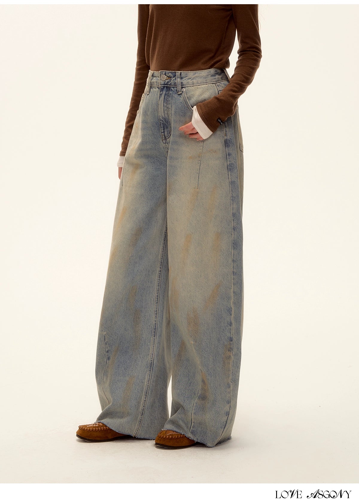 Vintage Washed Distressed Wide-Leg Denim Pants