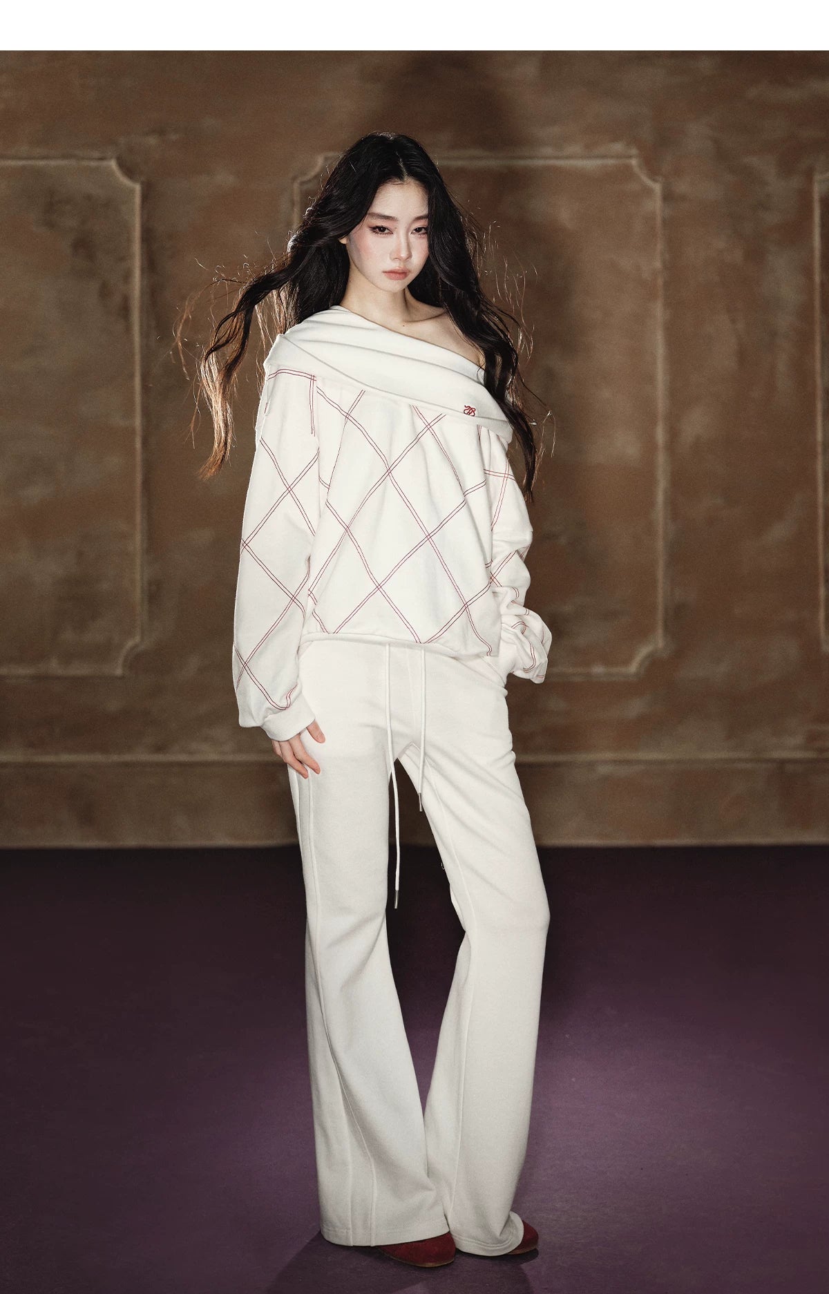 Off-Shoulder Sweatshirt & Flared Wide-Leg Sweatpants Set