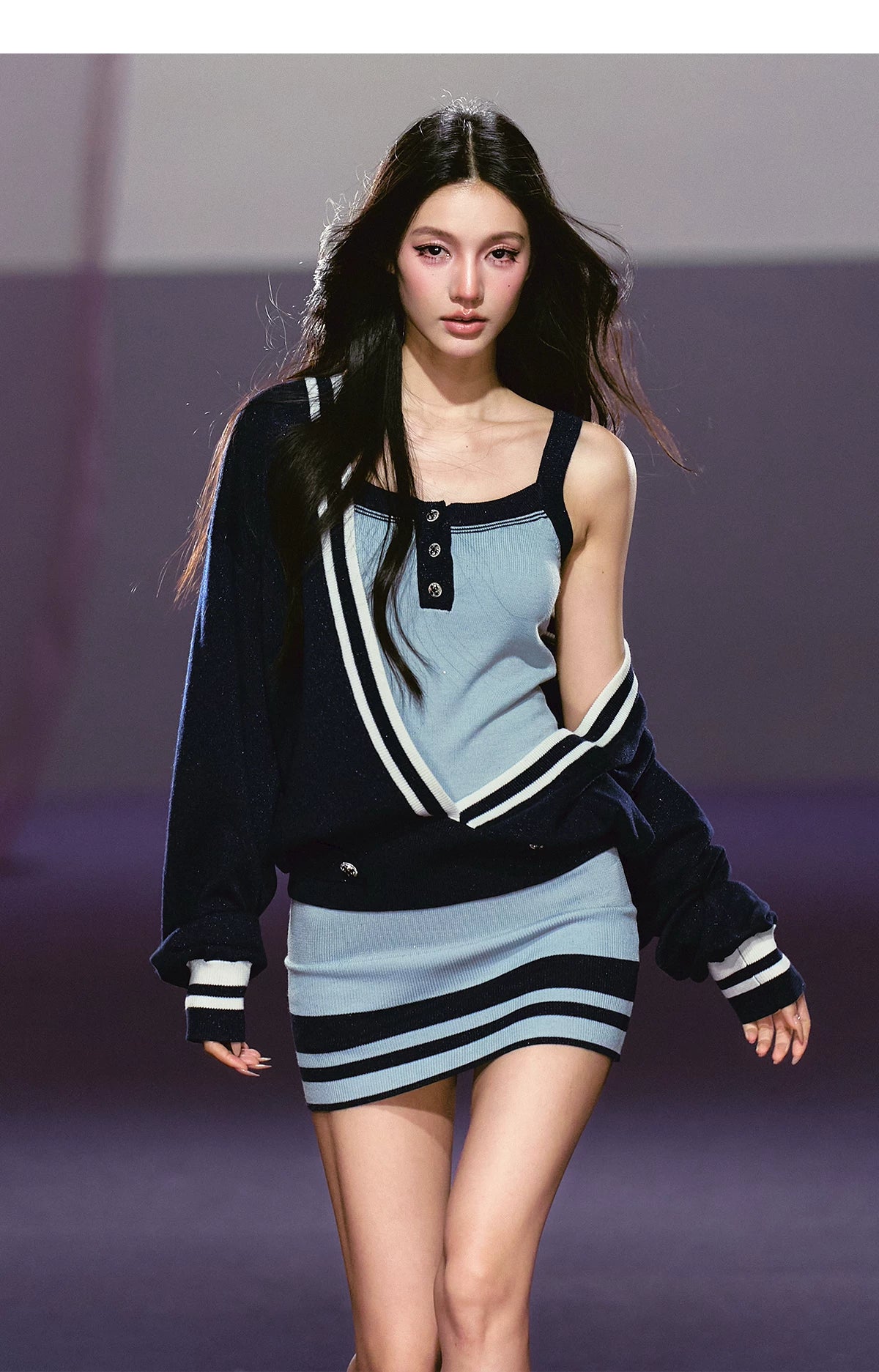 Striped Deep V Knit Dress & Cardigan Set