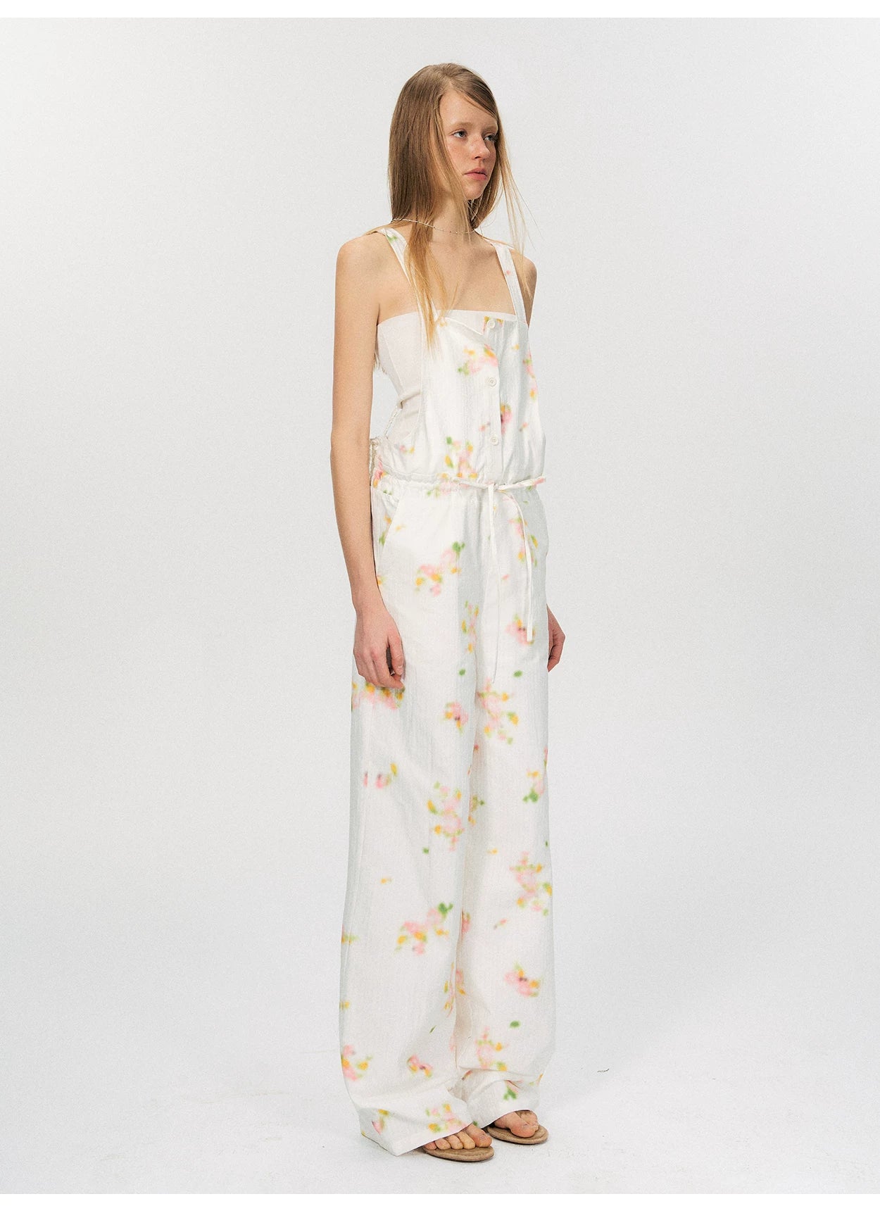 Vintage Soft-Blur Floral Backless Strap Jumpsuit
