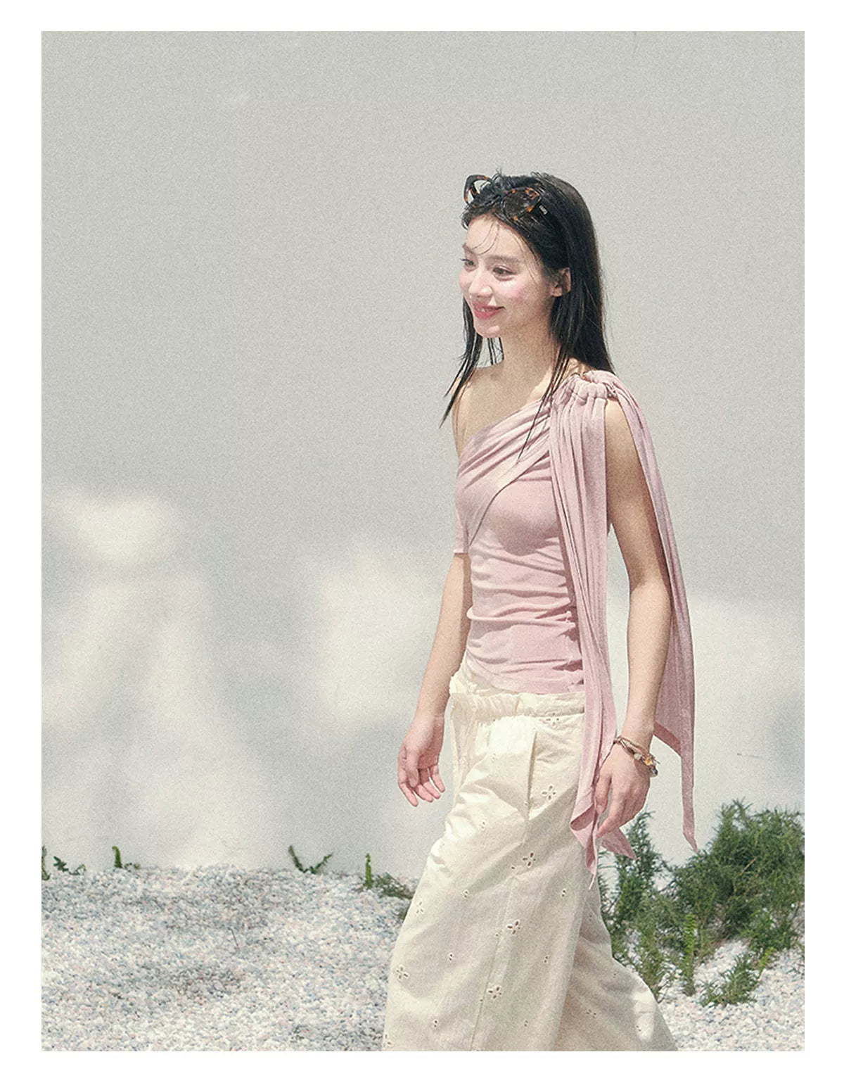 Coral Pink One-Shoulder Ribbon Blouse