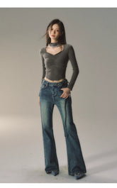 Vintage Distressed Flared Denim Jeans - CHINASQUAD