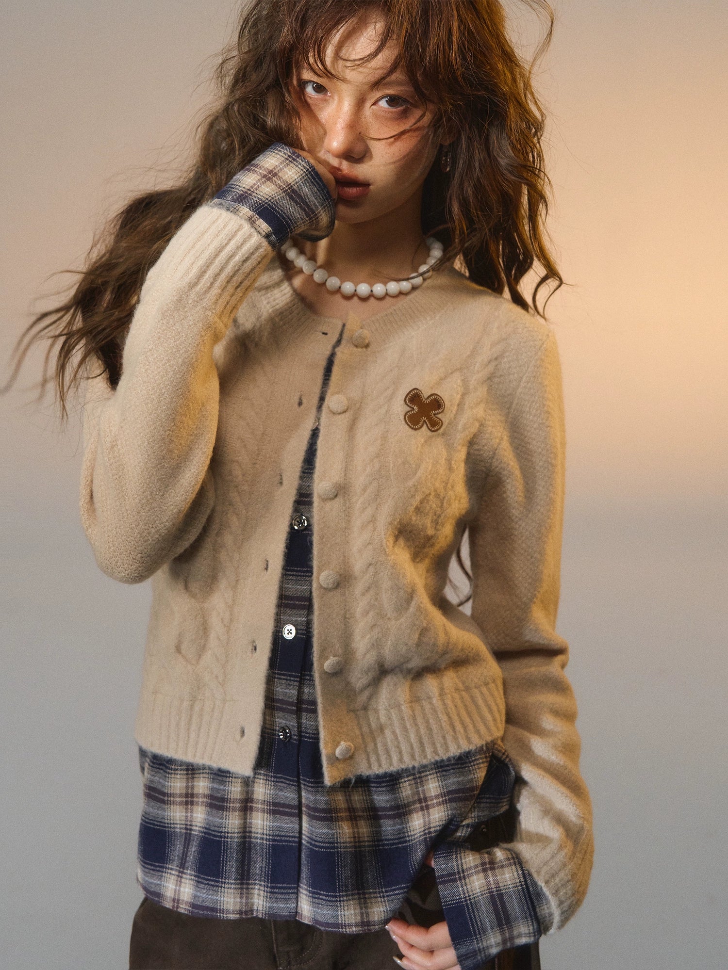 Layered Plaid Patchwork Cable Knit Cardigan