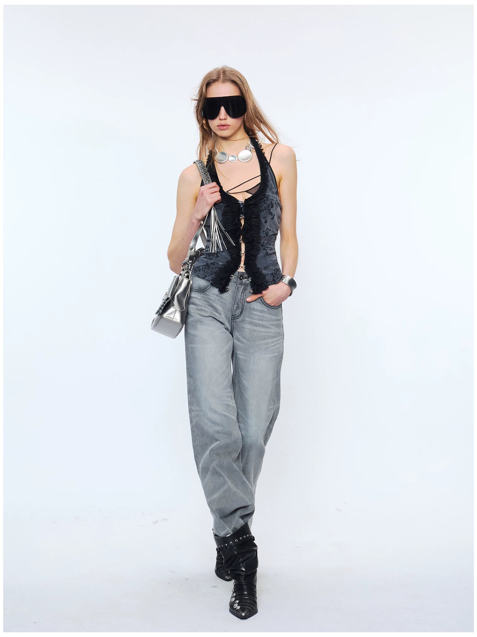 Lace Ruffle Floral Halterneck Camisole