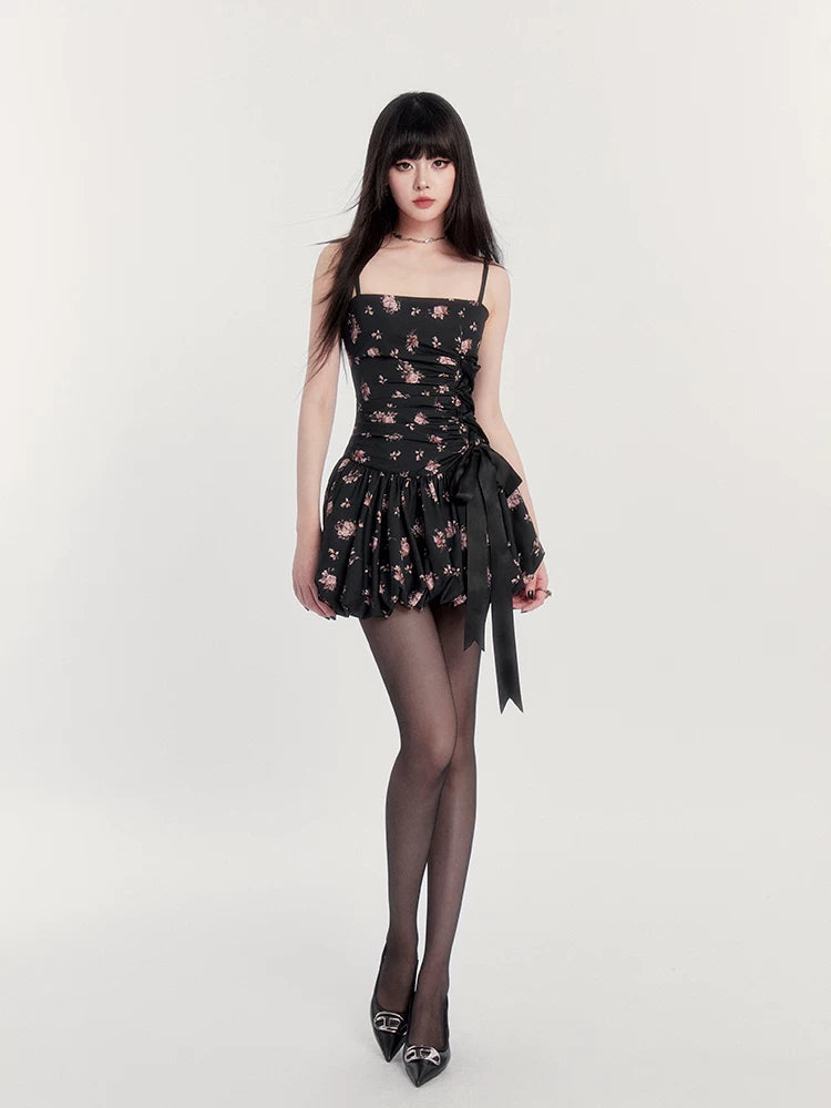 Dream French Floral Bow Waist Puff Dress