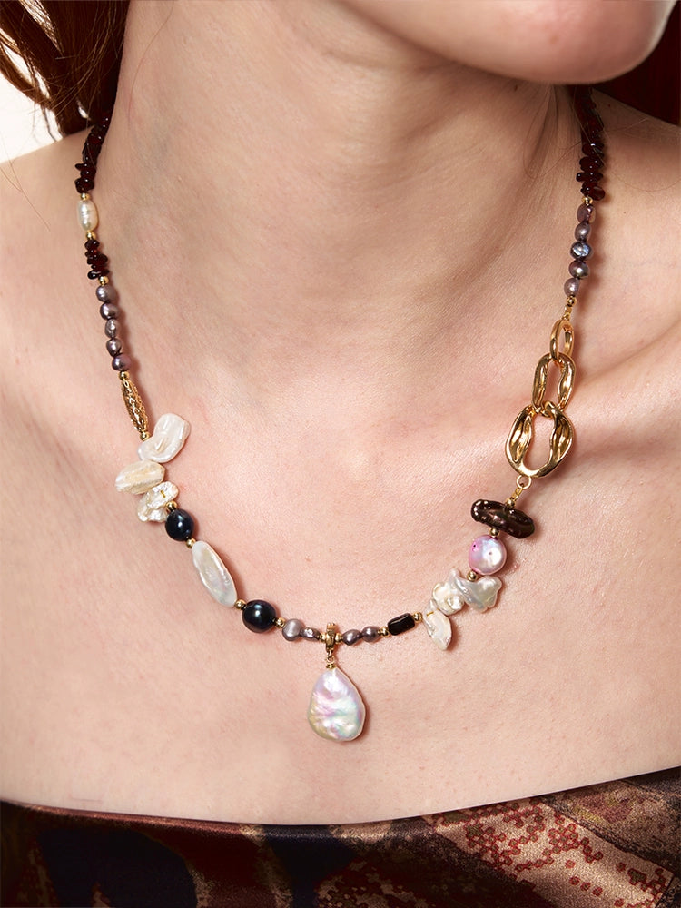 Vintage Gold Garnet Red Baroque Pearl Necklace - CHINASQUAD